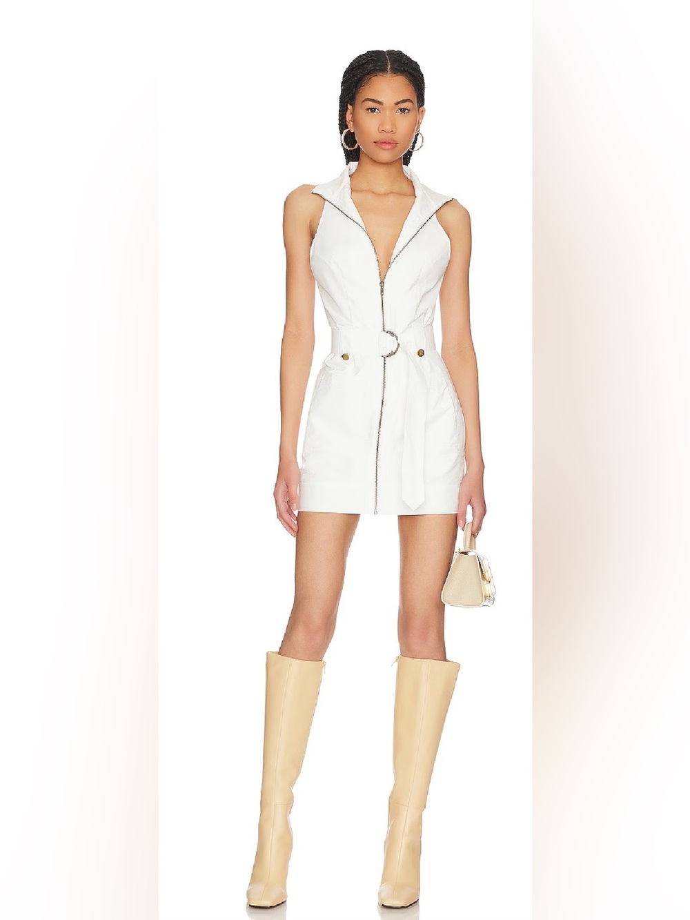 Superdown Sofia White Full Zip Front 
Belted Collared Pocket Mini Dress XS